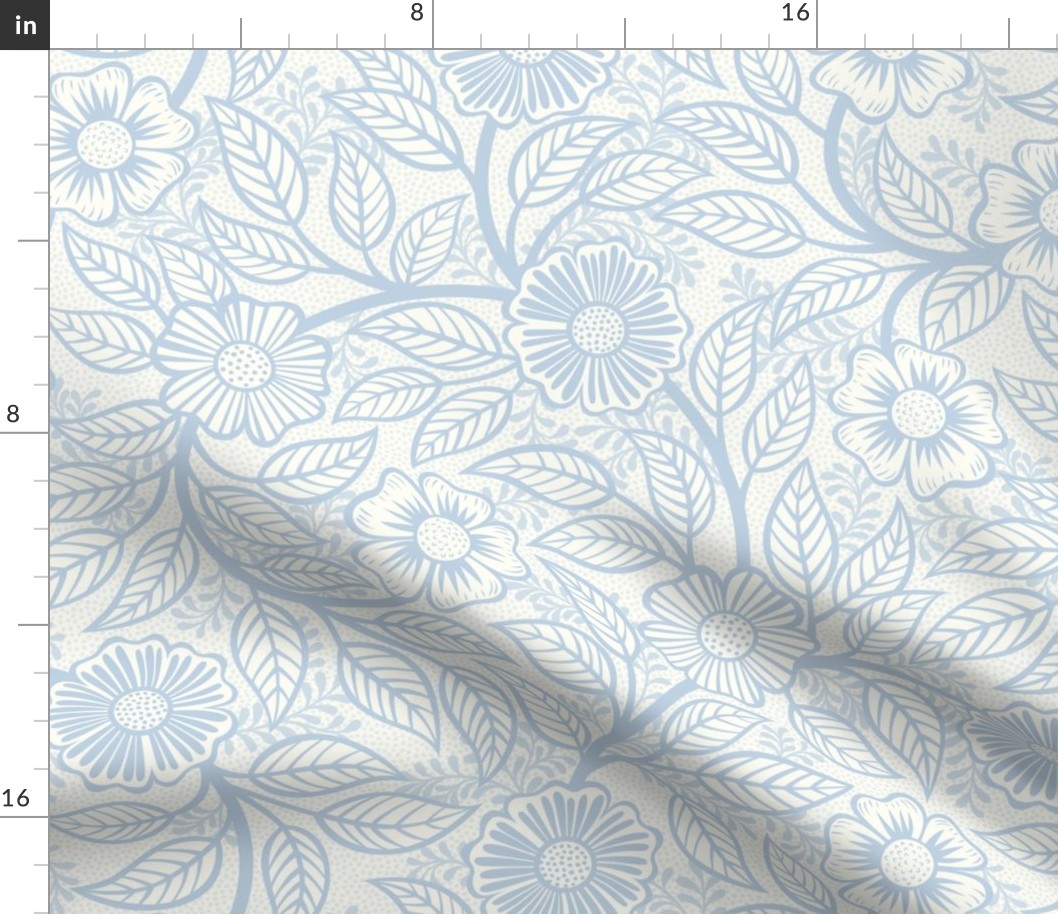34 Soft Spring- Victorian Floral-Fog Blue on Off White- Climbing Vine with Flowers- Petal Signature Solids- Soft Pastel Blue- Baby Blue- Natural- William Morris Wallpaper- Medium