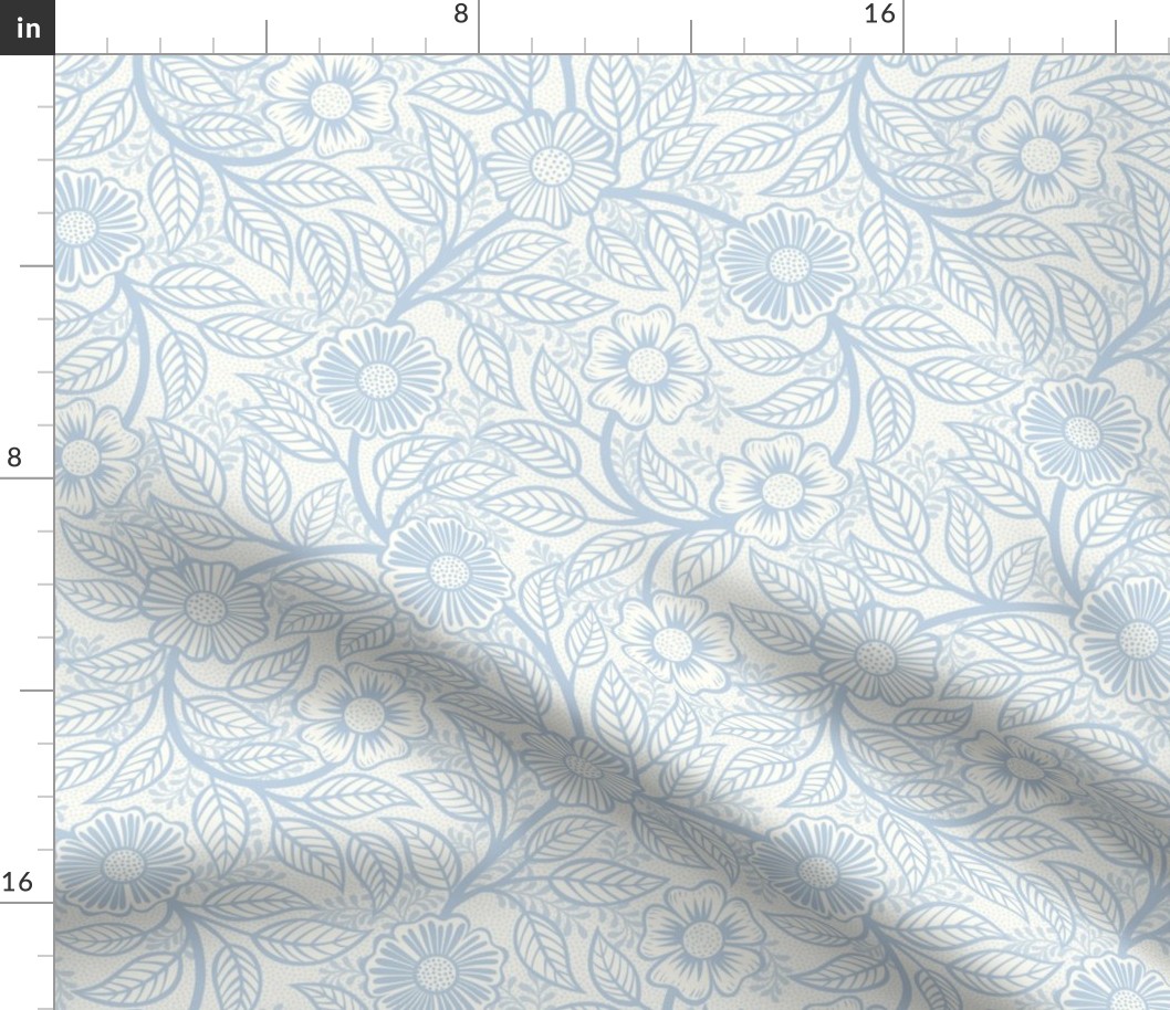 34 Soft Spring- Victorian Floral-Fog Blue on Off White- Climbing Vine with Flowers- Petal Signature Solids- Soft Pastel Blue- Baby Blue- Natural- William Morris Wallpaper- Small