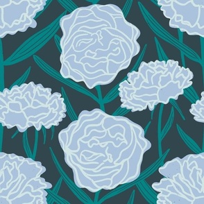 Moody Blue Peonies - Hand Drawn Florals in Blues - Large Scale 12x12inch repeat