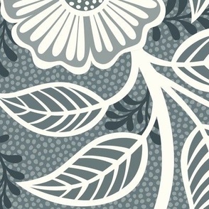 35 Soft Spring- Victorian Floral- Off White on Slate Blue- Climbing Vine with Flowers- Petal Signature Solids- Gray- Grey- Natural- William Morris Wallpaper- Extra Large