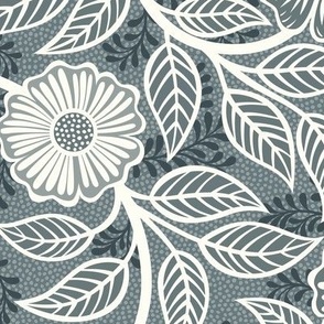 35 Soft Spring- Victorian Floral- Off White on Slate Blue- Climbing Vine with Flowers- Petal Signature Solids- Gray- Grey- Natural- William Morris Wallpaper- Medium