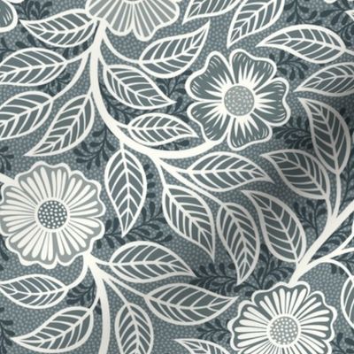 35 Soft Spring- Victorian Floral- Off White on Slate Blue- Climbing Vine with Flowers- Petal Signature Solids- Gray- Grey- Natural- William Morris Wallpaper- Small