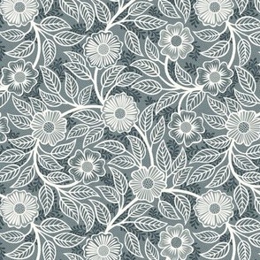 35 Soft Spring- Victorian Floral- Off White on Slate Blue- Climbing Vine with Flowers- Petal Signature Solids- Gray- Grey- Natural- William Morris Wallpaper- Mini