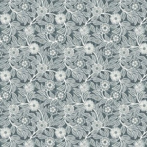 35 Soft Spring- Victorian Floral- Off White on Slate Blue- Climbing Vine with Flowers- Petal Signature Solids- Gray- Grey- Natural- William Morris Wallpaper- Micro