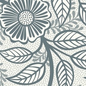 35 Soft Spring- Victorian Floral- Slate Blue on Off White- Climbing Vine with Flowers- Petal Signature Solids- Gray- Grey- Natural- William Morris Wallpaper- Large