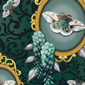 Green Moth in Gold Frame Damask - Large