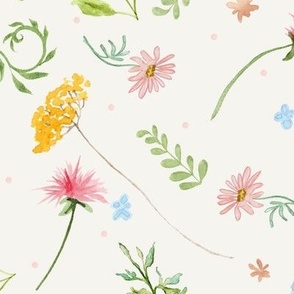 Spring Wildflowers Floral Watercolor Toss Summer Off-white Pink Blue Yellow Green LG 13.5 X 13.5