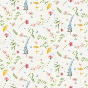 Spring Wildflowers Floral Watercolor Toss Summer Off-white Pink Blue Yellow Green SM 4X4