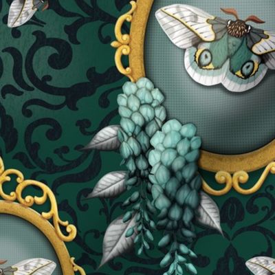 Green Moth in Gold Frame Damask - Medium