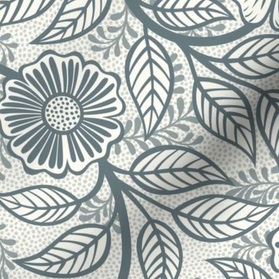 35 Soft Spring- Victorian Floral- Slate Blue on Off White- Climbing Vine with Flowers- Petal Signature Solids- Gray- Grey- Natural- William Morris Wallpaper- Medium