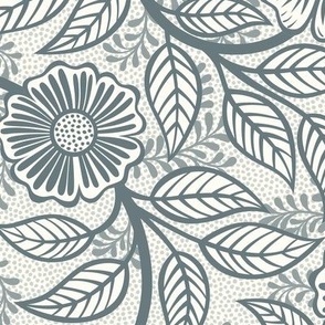 35 Soft Spring- Victorian Floral- Slate Blue on Off White- Climbing Vine with Flowers- Petal Signature Solids- Gray- Grey- Natural- William Morris Wallpaper- Medium