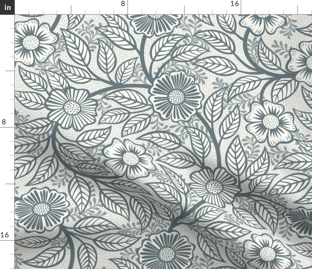 35 Soft Spring- Victorian Floral- Slate Blue on Off White- Climbing Vine with Flowers- Petal Signature Solids- Gray- Grey- Natural- William Morris Wallpaper- Medium
