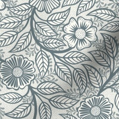 35 Soft Spring- Victorian Floral- Slate Blue on Off White- Climbing Vine with Flowers- Petal Signature Solids- Gray- Grey- Natural- William Morris Wallpaper- Small