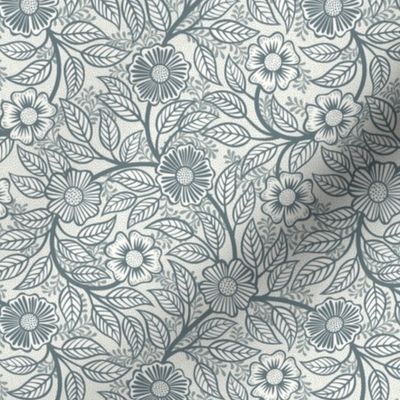 35 Soft Spring- Victorian Floral- Slate Blue on Off White- Climbing Vine with Flowers- Petal Signature Solids- Gray- Grey- Natural- William Morris Wallpaper- Mini