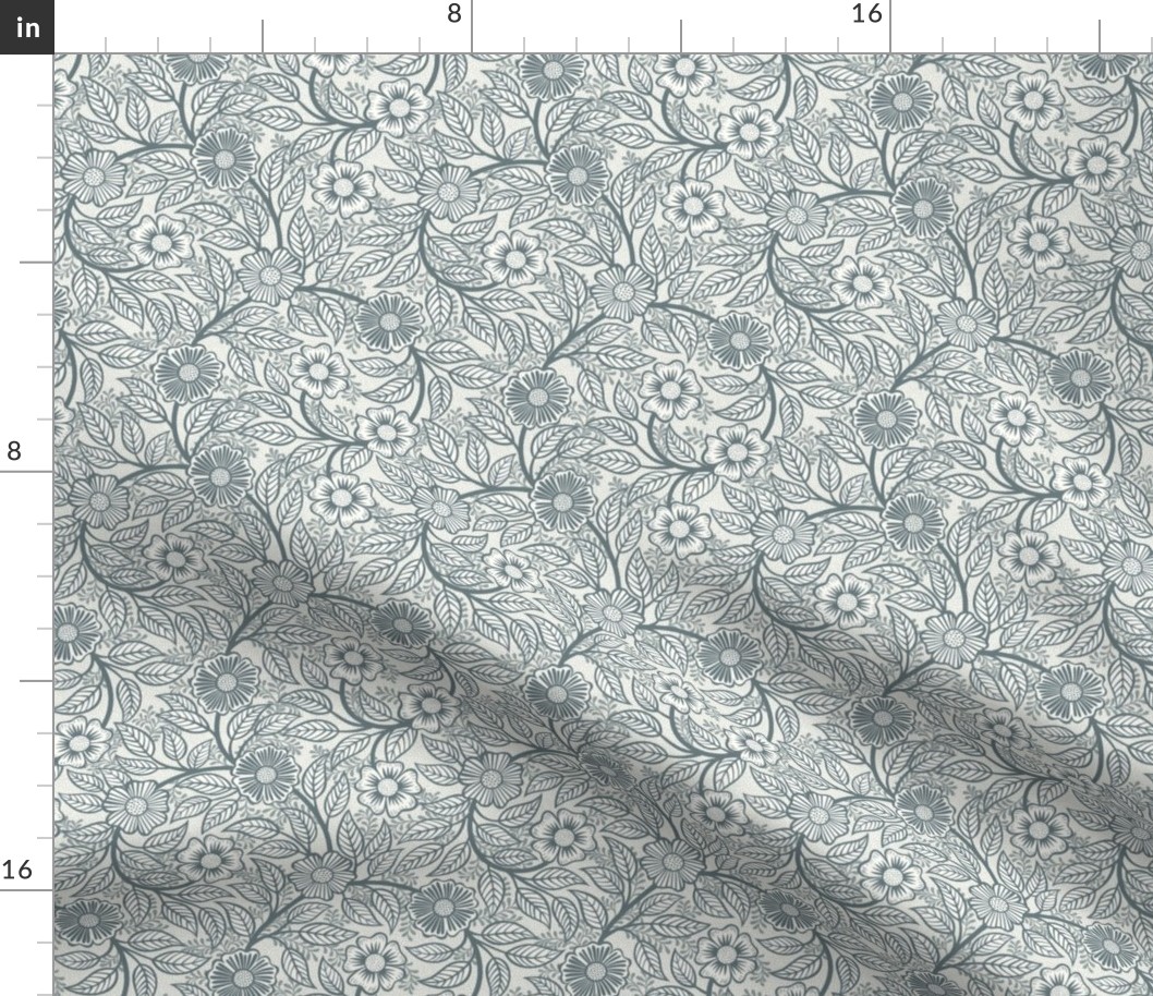 35 Soft Spring- Victorian Floral- Slate Blue on Off White- Climbing Vine with Flowers- Petal Signature Solids- Gray- Grey- Natural- William Morris Wallpaper- Mini