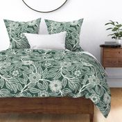 36 Soft Spring- Victorian Floral- Off White on Pine Green- Climbing Vine with Flowers- Petal Signature Solids- Dark Green- Holidays- Natural- William Morris Wallpaper- Extra Large