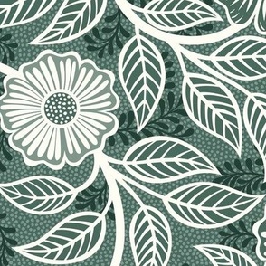 36 Soft Spring- Victorian Floral- Off White on Pine Green- Climbing Vine with Flowers- Petal Signature Solids- Dark Green- Holidays- Natural- William Morris Wallpaper- Medium