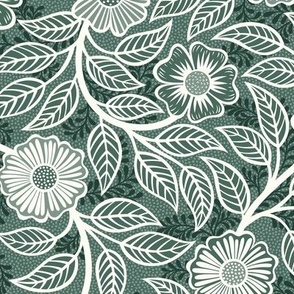 36 Soft Spring- Victorian Floral- Off White on Pine Green- Climbing Vine with Flowers- Petal Signature Solids- Dark Green- Holidays- Natural- William Morris Wallpaper- Small