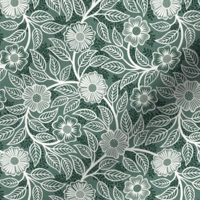 36 Soft Spring- Victorian Floral- Off White on Pine Green- Climbing Vine with Flowers- Petal Signature Solids- Dark Green- Holidays- Natural- William Morris Wallpaper- Mini