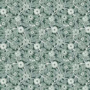36 Soft Spring- Victorian Floral- Off White on Pine Green- Climbing Vine with Flowers- Petal Signature Solids- Dark Green- Holidays- Natural- William Morris Wallpaper- Micro