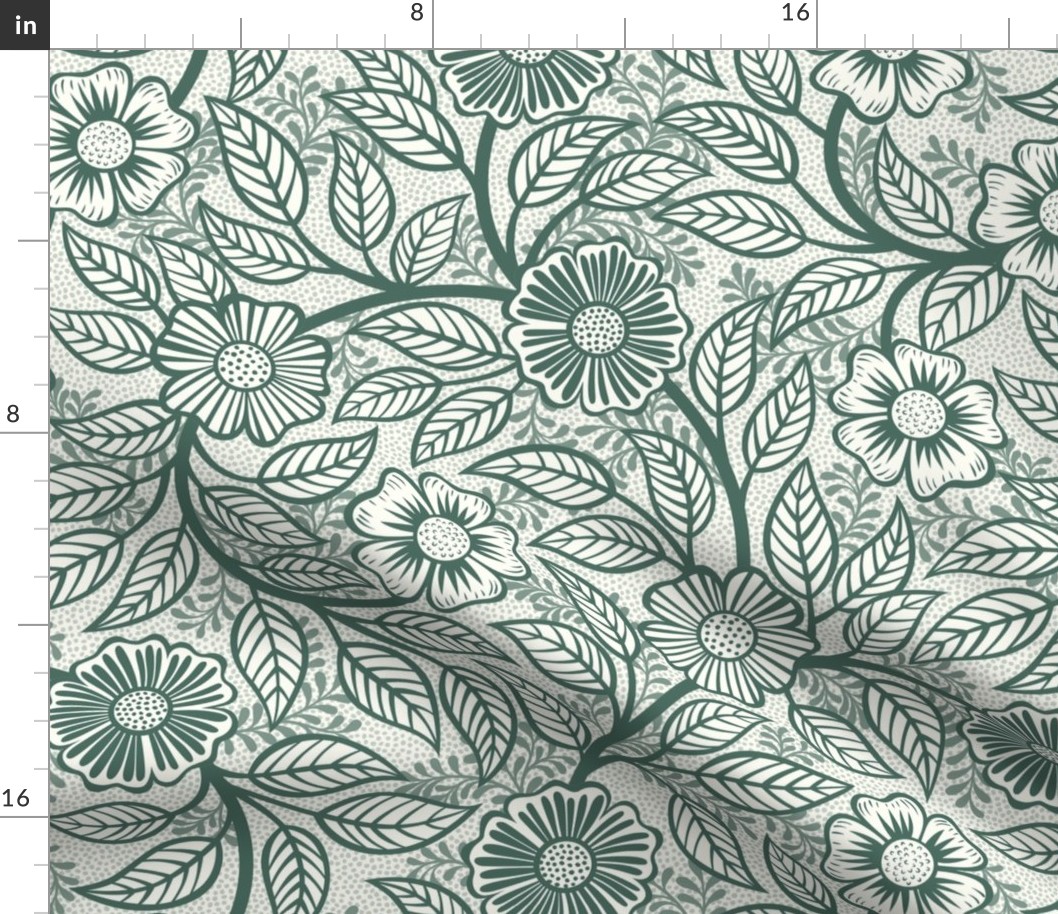 36 Soft Spring- Victorian Floral- Pine Green on Off White- Climbing Vine with Flowers- Petal Signature Solids- Dark Green- Holidays- Natural- William Morris Wallpaper- Medium