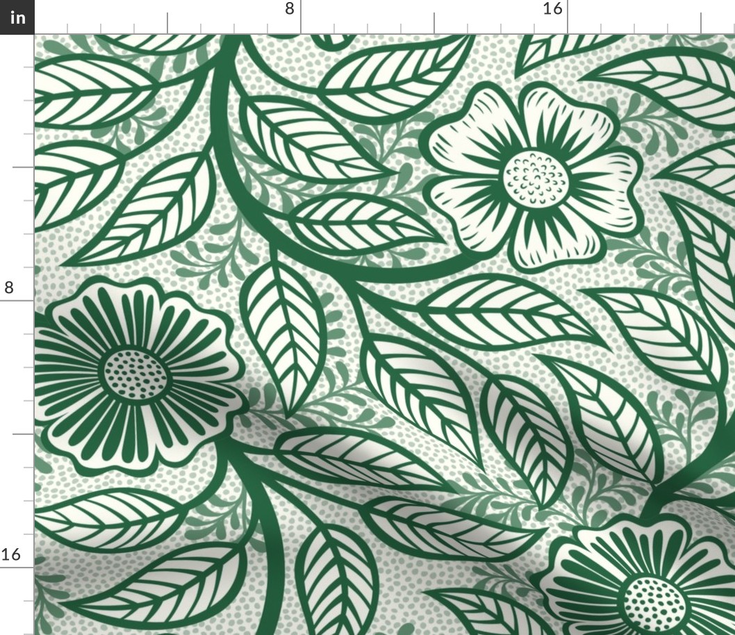 37 Soft Spring- Victorian Floral- Emerald Green on Off White- Climbing Vine with Flowers- Petal Signature Solids- Dark Green- Holidays- Natural- William Morris Wallpaper- Extra Large