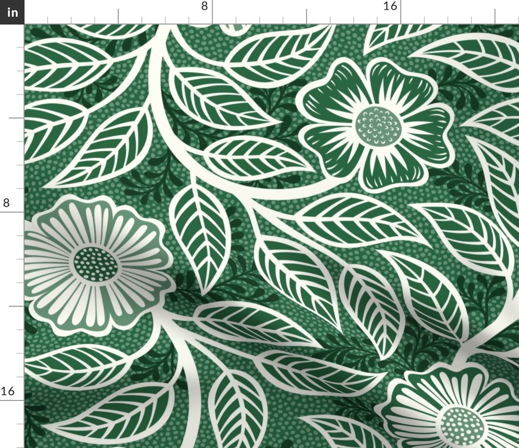 37 Soft Spring- Victorian Floral- Off White on Emerald Green- Climbing Vine with Flowers- Petal Signature Solids- Dark Green- Holidays- Natural- William Morris Wallpaper- Extra Large