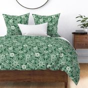 37 Soft Spring- Victorian Floral- Off White on Emerald Green- Climbing Vine with Flowers- Petal Signature Solids- Dark Green- Holidays- Natural- William Morris Wallpaper- Medium