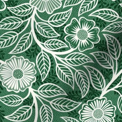 37 Soft Spring- Victorian Floral- Off White on Emerald Green- Climbing Vine with Flowers- Petal Signature Solids- Dark Green- Holidays- Natural- William Morris Wallpaper- Small