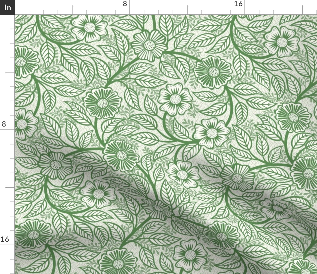 38 Soft Spring- Victorian Floral- Kelly Green on Off White- Climbing Vine with Flowers- Petal Signature Solids- Dark Green- Holidays- Natural- William Morris Wallpaper- Small