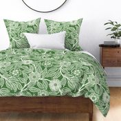 38 Soft Spring- Victorian Floral- Off White on Kelly Green- Climbing Vine with Flowers- Petal Signature Solids- Dark Green- Holidays- Natural- William Morris Wallpaper- Extra Large