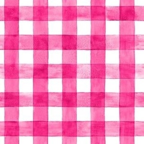 Hot Pink Magenta Watercolor Gingham - Small Scale - Fuschia Shocking Pink Checkers Buffalo Plaid Checkers