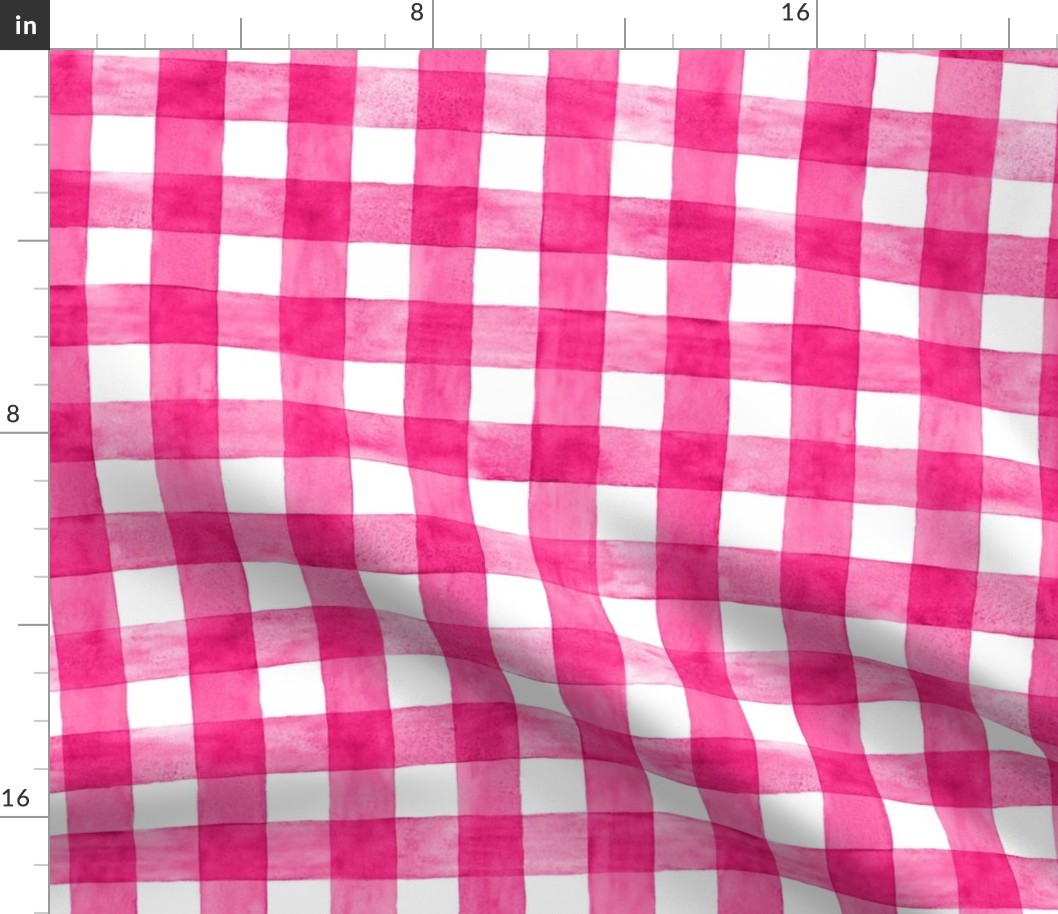 Hot Pink Magenta Watercolor Gingham - Medium Scale - Fuschia Shocking Pink Checkers Buffalo Plaid Checkers