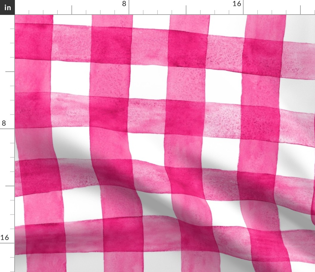 Hot Pink Magenta Watercolor Gingham - Large Scale - Fuschia Shocking Pink Checkers Buffalo Plaid Checkers