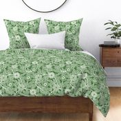 38 Soft Spring- Victorian Floral- Off White on Kelly Green- Climbing Vine with Flowers- Petal Signature Solids- Dark Green- Holidays- Natural- William Morris Wallpaper- Medium