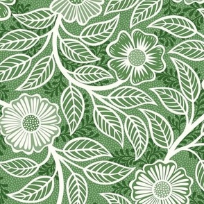 38 Soft Spring- Victorian Floral- Off White on Kelly Green- Climbing Vine with Flowers- Petal Signature Solids- Dark Green- Holidays- Natural- William Morris Wallpaper- Small