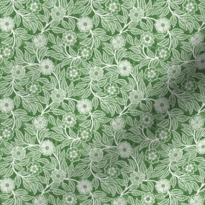 38 Soft Spring- Victorian Floral- Off White on Kelly Green- Climbing Vine with Flowers- Petal Signature Solids- Dark Green- Holidays- Natural- William Morris Wallpaper- Micro