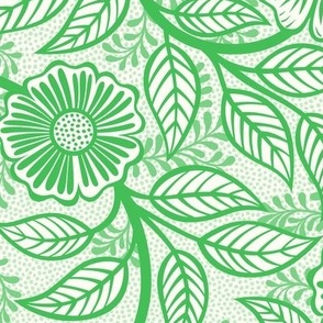 39 Soft Spring- Victorian Floral- Grass Green on Off White- Climbing Vine with Flowers- Petal Signature Solids- Kelly Green- Bright Green- Natural- William Morris Wallpaper- Medium