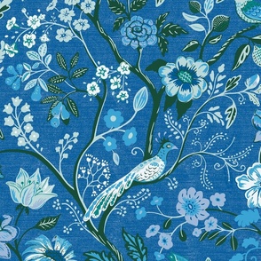 Exotic Chinoiserie in Pantone Ultra-Steady shades of deep saturated blue, green, and teal