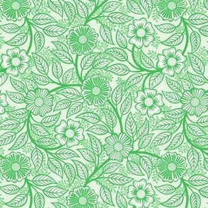 39 Soft Spring- Victorian Floral- Grass Green on Off White- Climbing Vine with Flowers- Petal Signature Solids- Kelly Green- Bright Green- Natural- William Morris Wallpaper- Mini