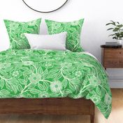 39 Soft Spring- Victorian Floral- Off White on Grass Green- Climbing Vine with Flowers- Petal Signature Solids- Kelly Green- Bright Green- Natural- William Morris Wallpaper- Extra Large