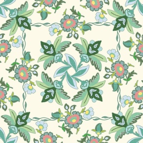 persian rotating floral greens on ivory