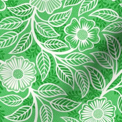 39 Soft Spring- Victorian Floral- Off White on Grass Green- Climbing Vine with Flowers- Petal Signature Solids- Kelly Green- Bright Green- Natural- William Morris Wallpaper- Small