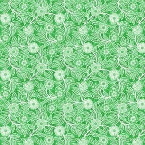 39 Soft Spring- Victorian Floral- Off White on Grass Green- Climbing Vine with Flowers- Petal Signature Solids- Kelly Green- Bright Green- Natural- William Morris Wallpaper- Micro