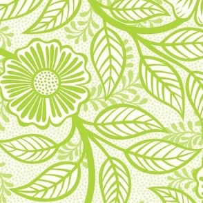 40 Soft Spring- Victorian Floral- Lime Green on Off White- Climbing Vine with Flowers- Petal Signature Solids- Bright Green- Natural- William Morris Wallpaper- Medium