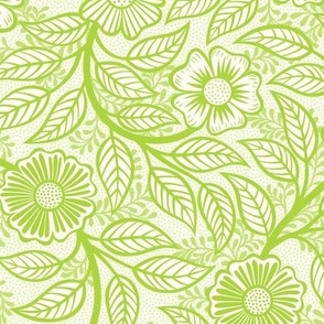 40 Soft Spring- Victorian Floral- Lime Green on Off White- Climbing Vine with Flowers- Petal Signature Solids- Bright Green- Natural- William Morris Wallpaper- Small