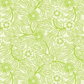 40 Soft Spring- Victorian Floral- Lime Green on Off White- Climbing Vine with Flowers- Petal Signature Solids- Bright Green- Natural- William Morris Wallpaper- Mini