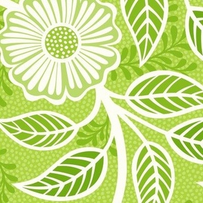 40 Soft Spring- Victorian Floral- Off White on Lime Green- Climbing Vine with Flowers- Petal Signature Solids- Bright Green- Natural- William Morris Wallpaper- Large