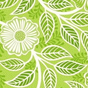 40 Soft Spring- Victorian Floral- Off White on Lime Green- Climbing Vine with Flowers- Petal Signature Solids- Bright Green- Natural- William Morris Wallpaper- Medium