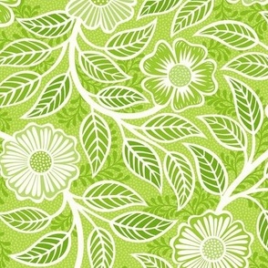 40 Soft Spring- Victorian Floral- Off White on Lime Green- Climbing Vine with Flowers- Petal Signature Solids- Bright Green- Natural- William Morris Wallpaper- Small
